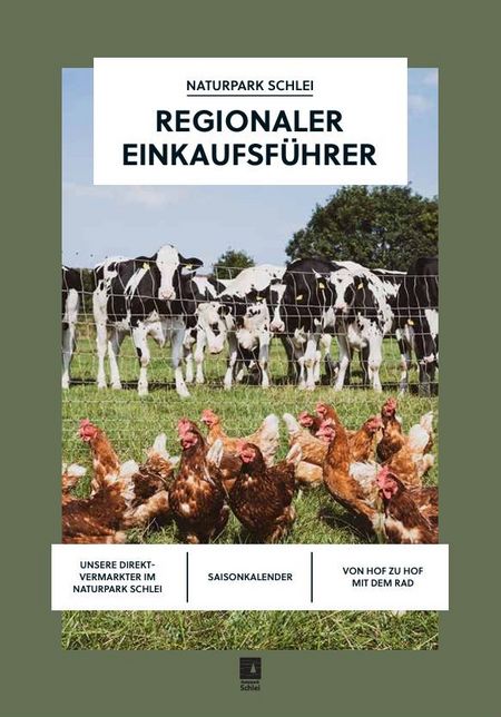 Titelbild des regionalen Einkaufsführers im Naturpark Schlei 2024 mit Kühen und Hühnern.